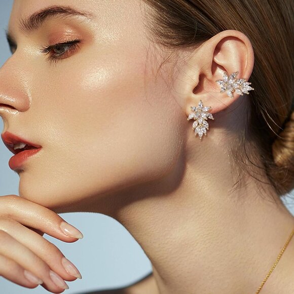 Elegant Gold Leaf Cluster Study Earrings for Women, Hypoallergenic Cubic Zirconi - Picture 2 of 7